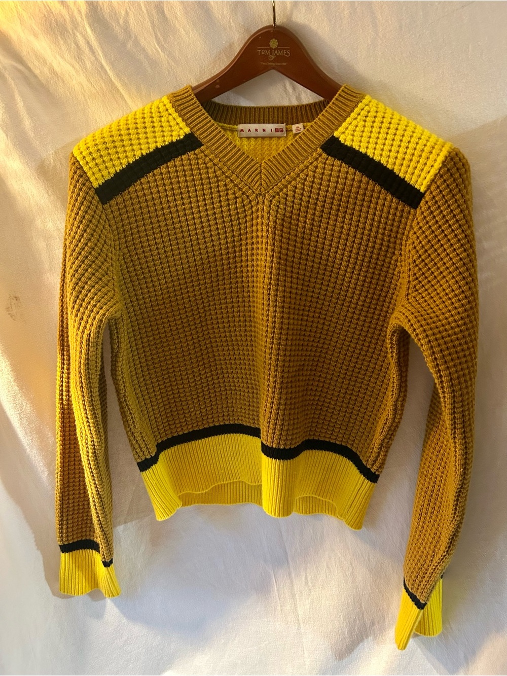 Marni Yellow and Black Waffle Knit V-Neck Sweater